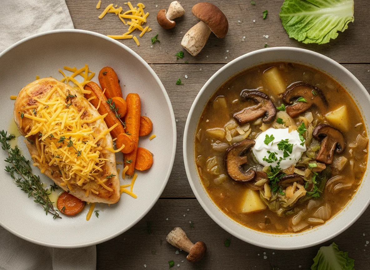 Baked chicken with vegetables and mushroom cabbage soup photo