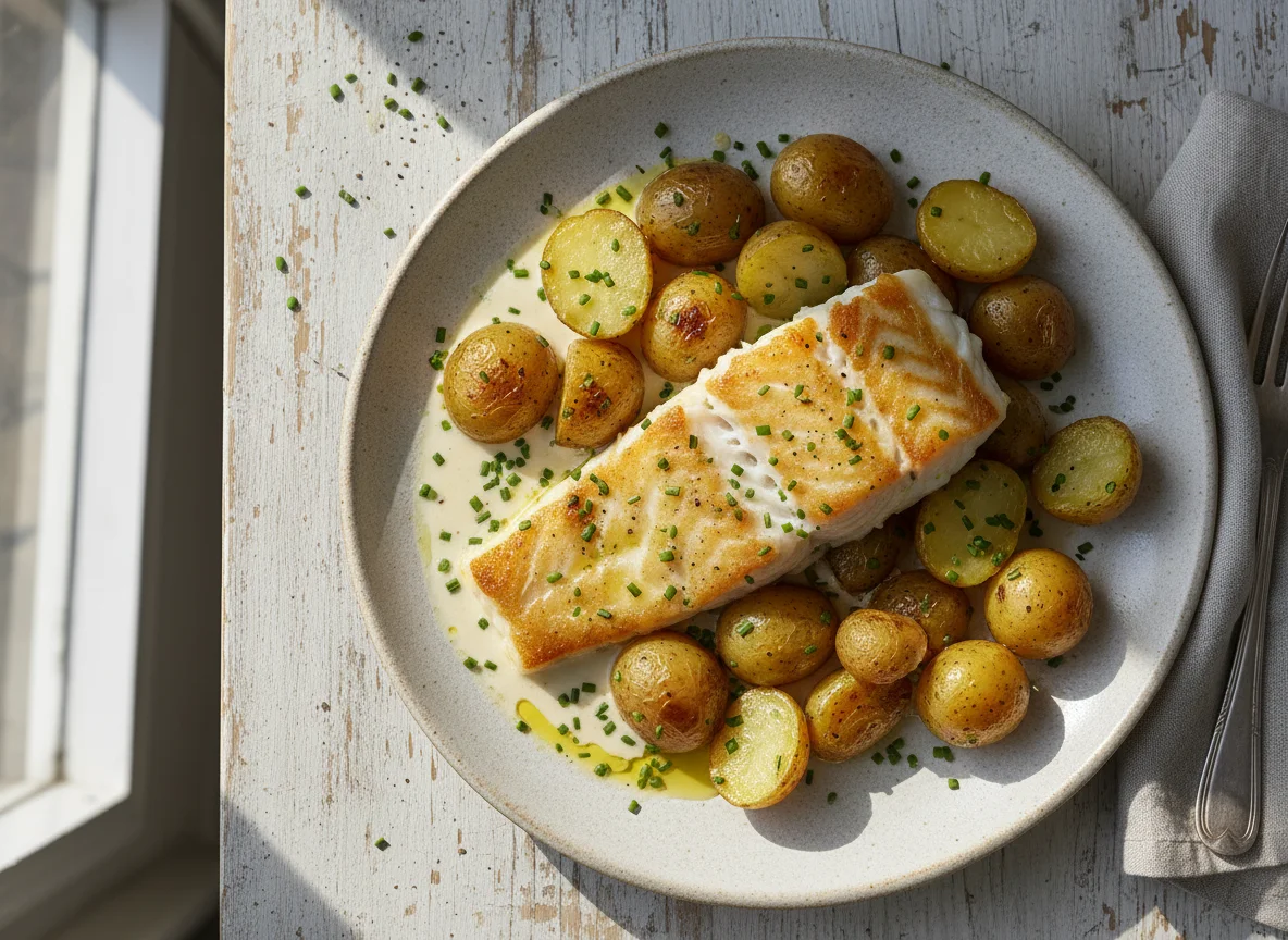 Baked Cod with Baby Potatoes and Cream Sauce photo