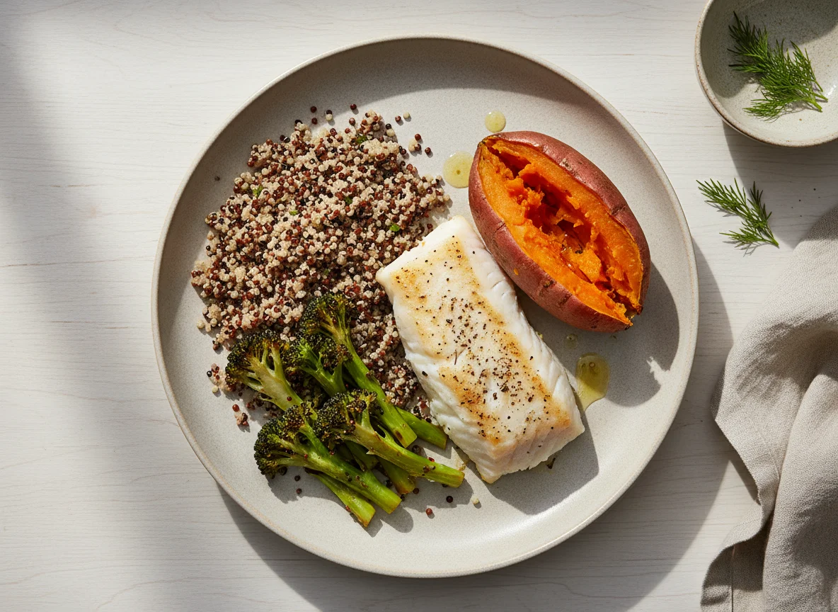 Baked Cod with Quinoa, Broccoli, and Sweet Potato photo