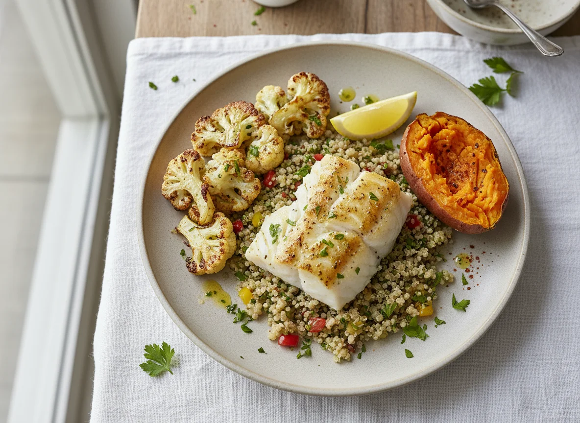 Baked Cod with Quinoa, Roasted Cauliflower, and Sweet Potato photo