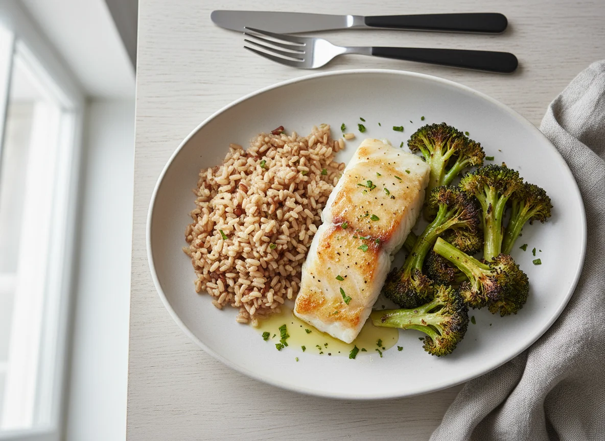 Baked Cod/Tilapia with Broccoli and Brown Rice photo