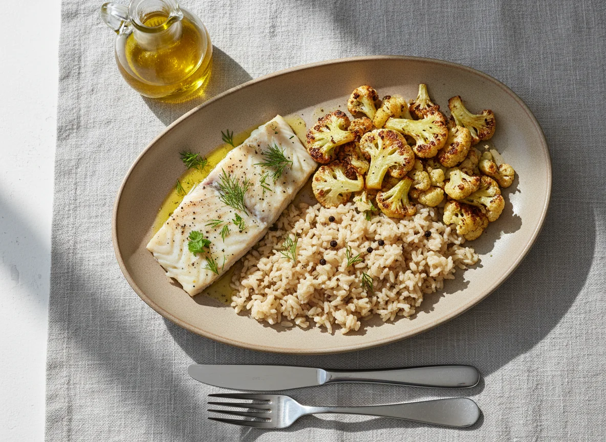 Baked Cod/Tilapia with Roasted Cauliflower and Brown Rice photo
