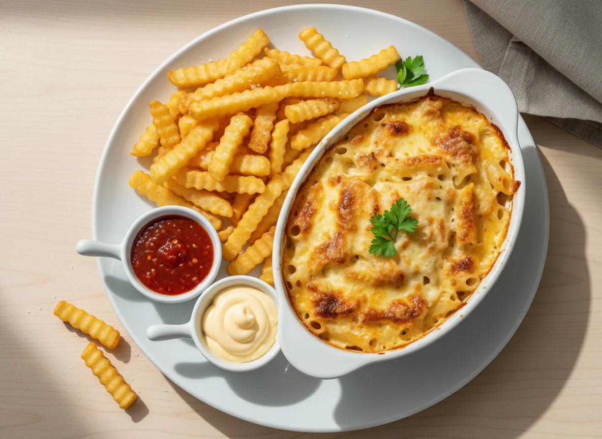 Baked Dish with Chips and Sauces photo