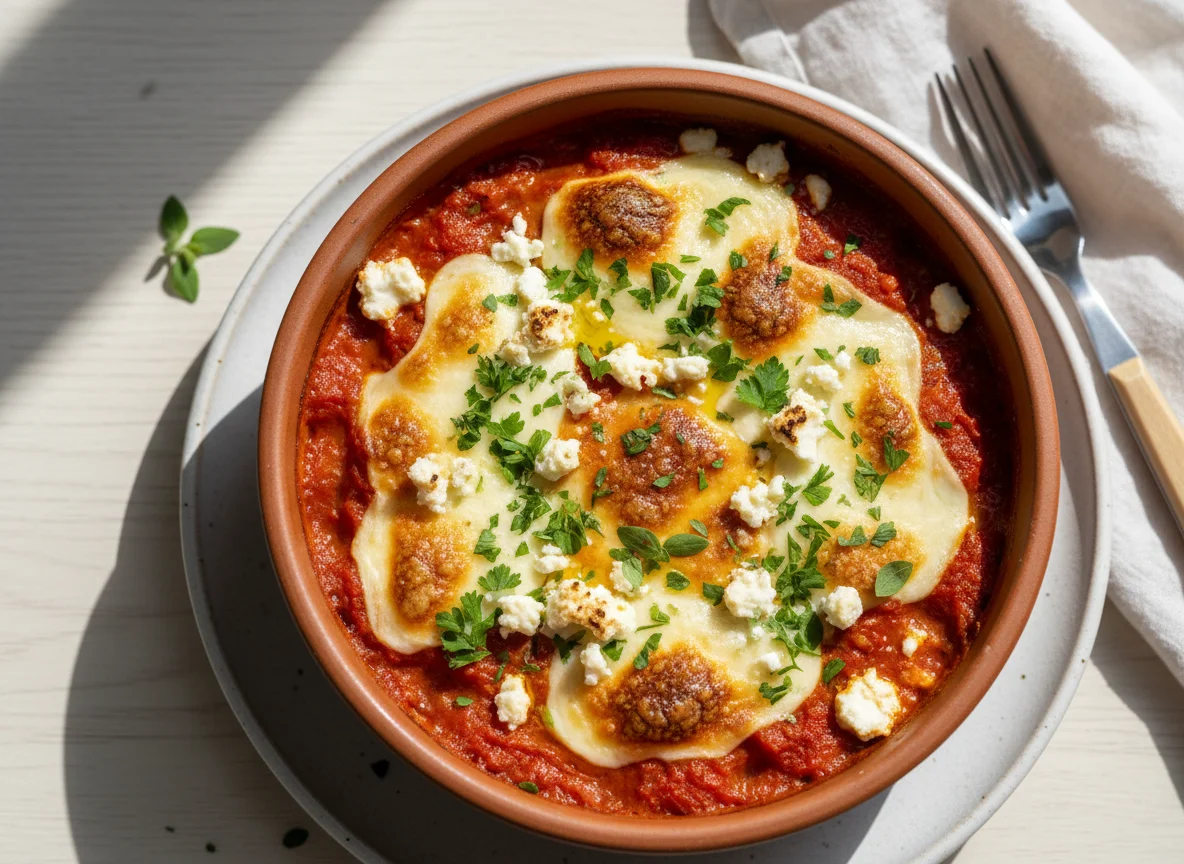 Baked dish with tomato sauce and cheese photo