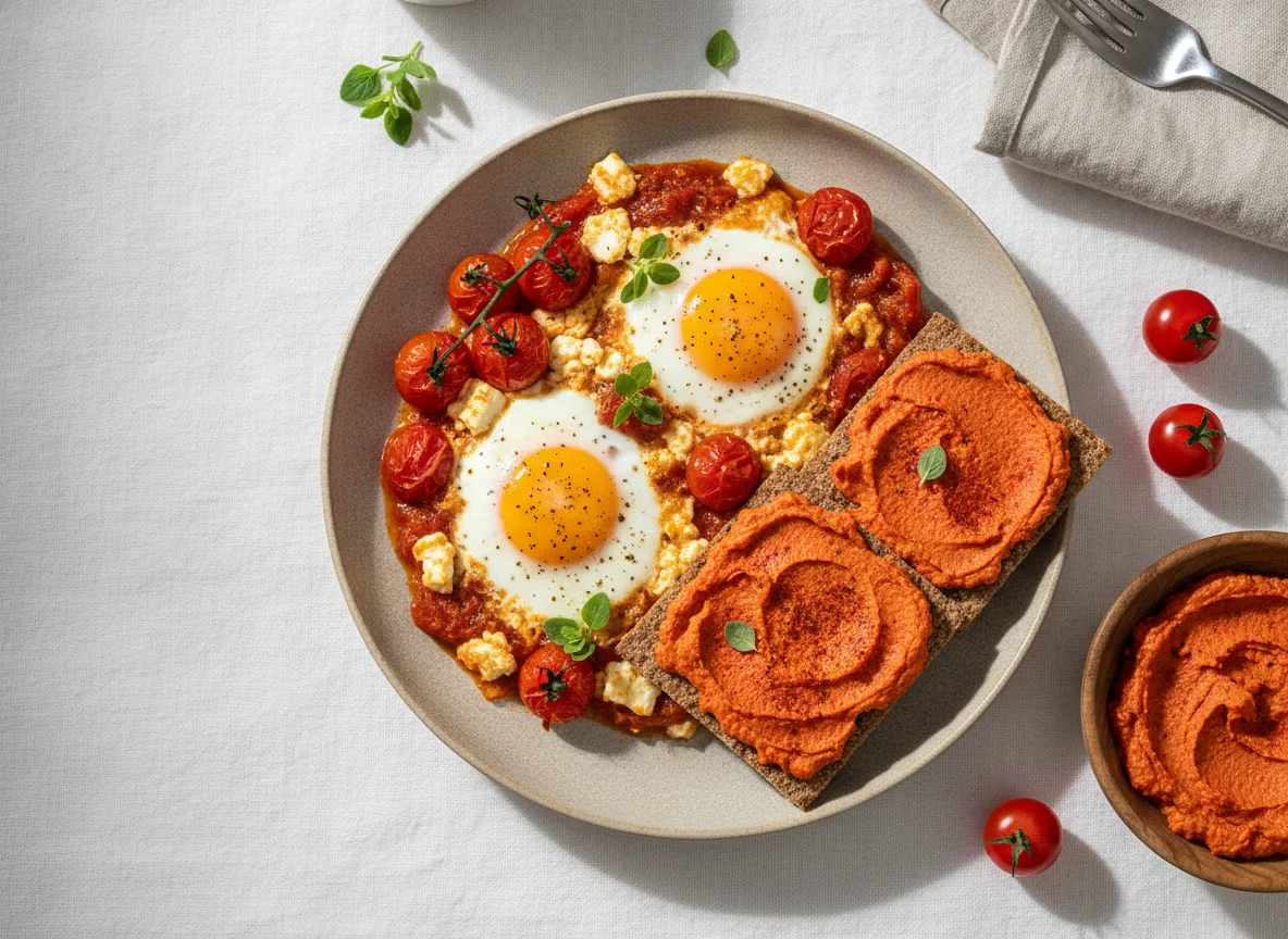 Baked eggs with cherry tomatoes and crispbread with red pepper spread photo