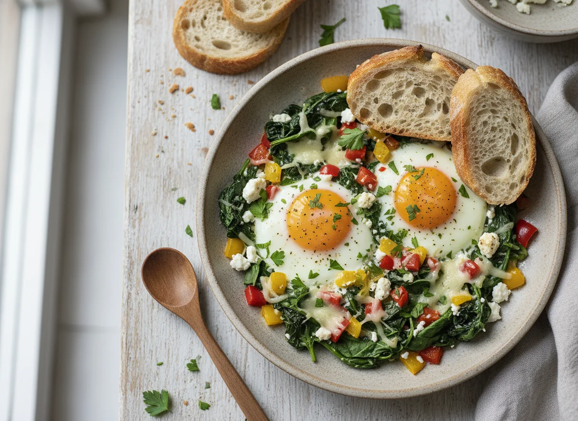 Baked Eggs with Spinach, Bell Pepper, and Cheese photo
