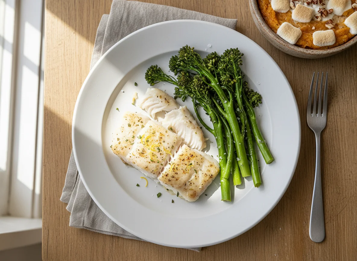 Baked Fish with Broccolini and Sweet Potato Casserole photo