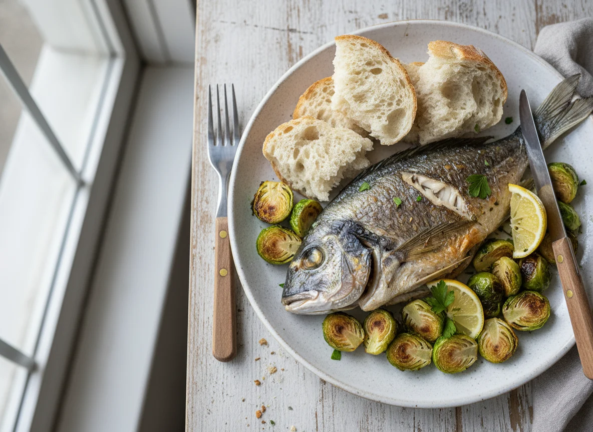 Baked Fish with Brussels Sprouts and Bread photo