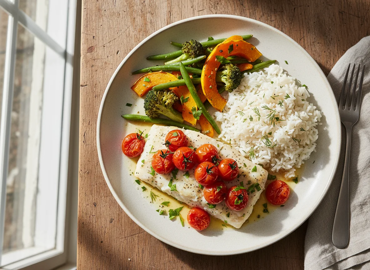 Baked Fish with Cherry Tomatoes, Rice, and Vegetables photo