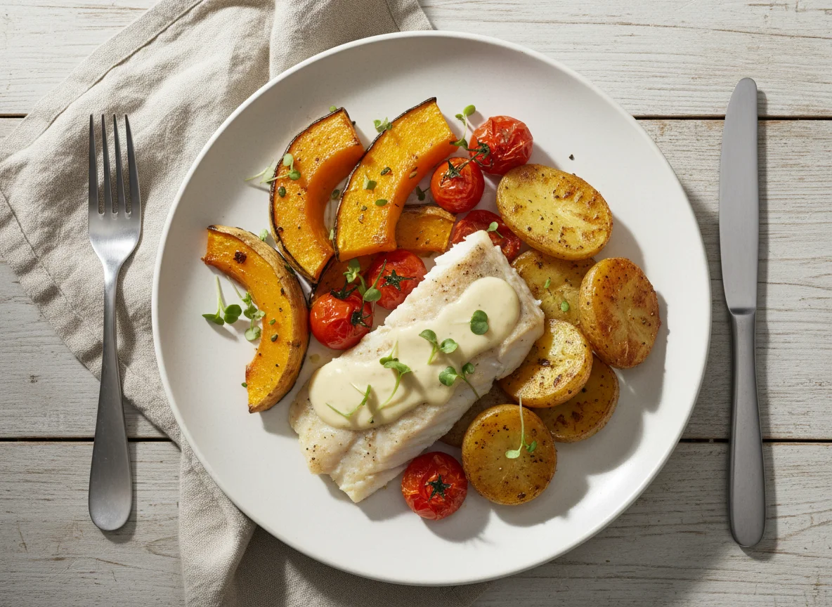 Baked Fish with Creamy Sauce and Roasted Vegetables photo
