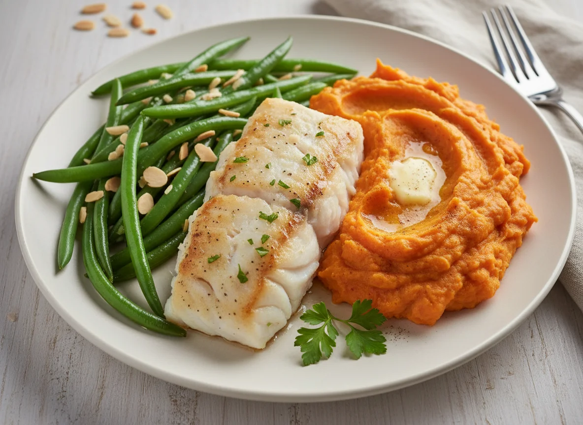 Baked Fish with Green Beans and Mashed Sweet Potato photo