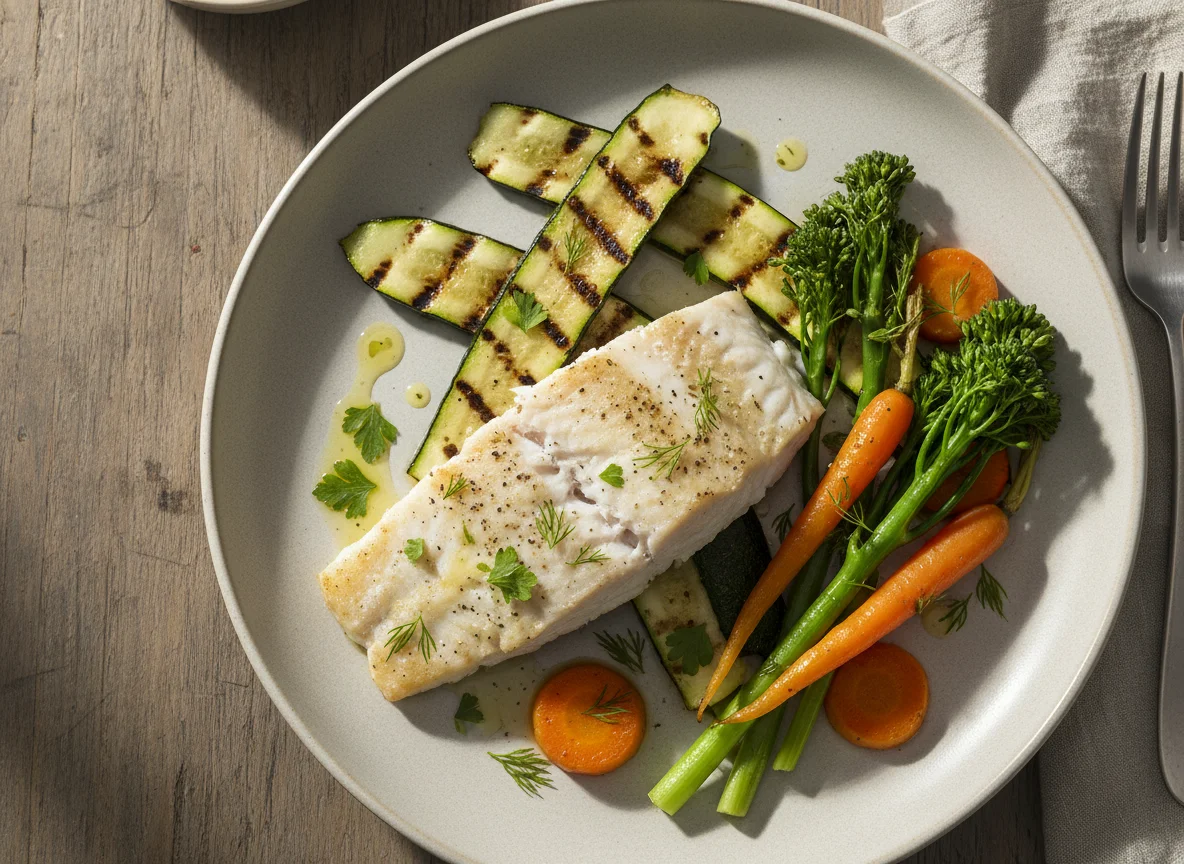 Baked Fish with Grilled Zucchini, Carrots, and Broccolini photo