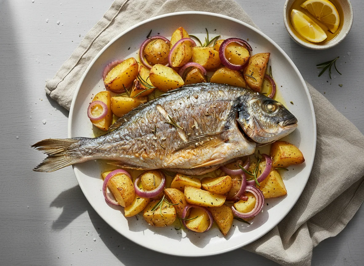 Baked Fish with Potatoes and Onions photo