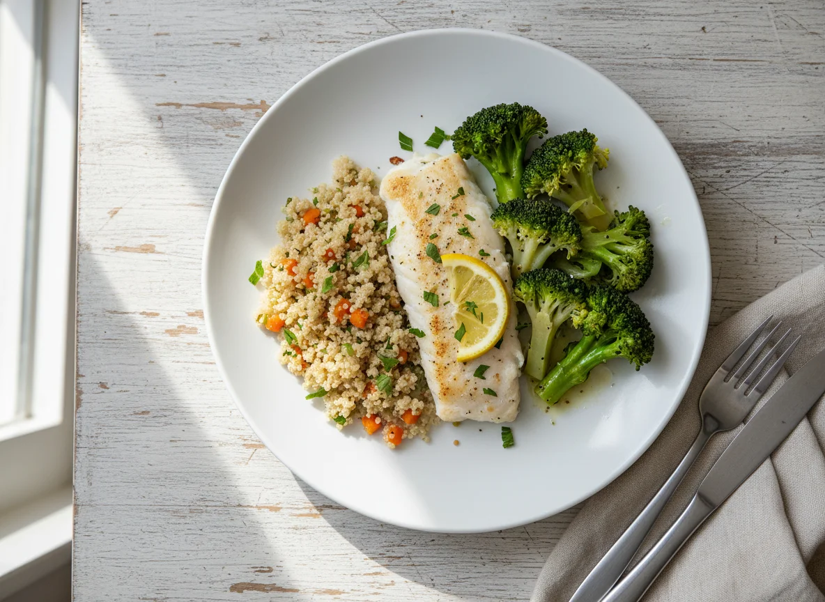 Baked Fish with Quinoa and Broccoli photo