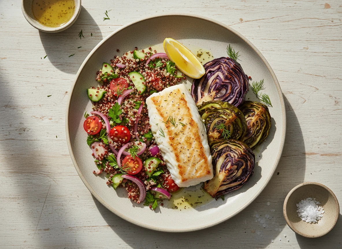 Baked Fish with Quinoa Salad and Roasted Cabbage photo