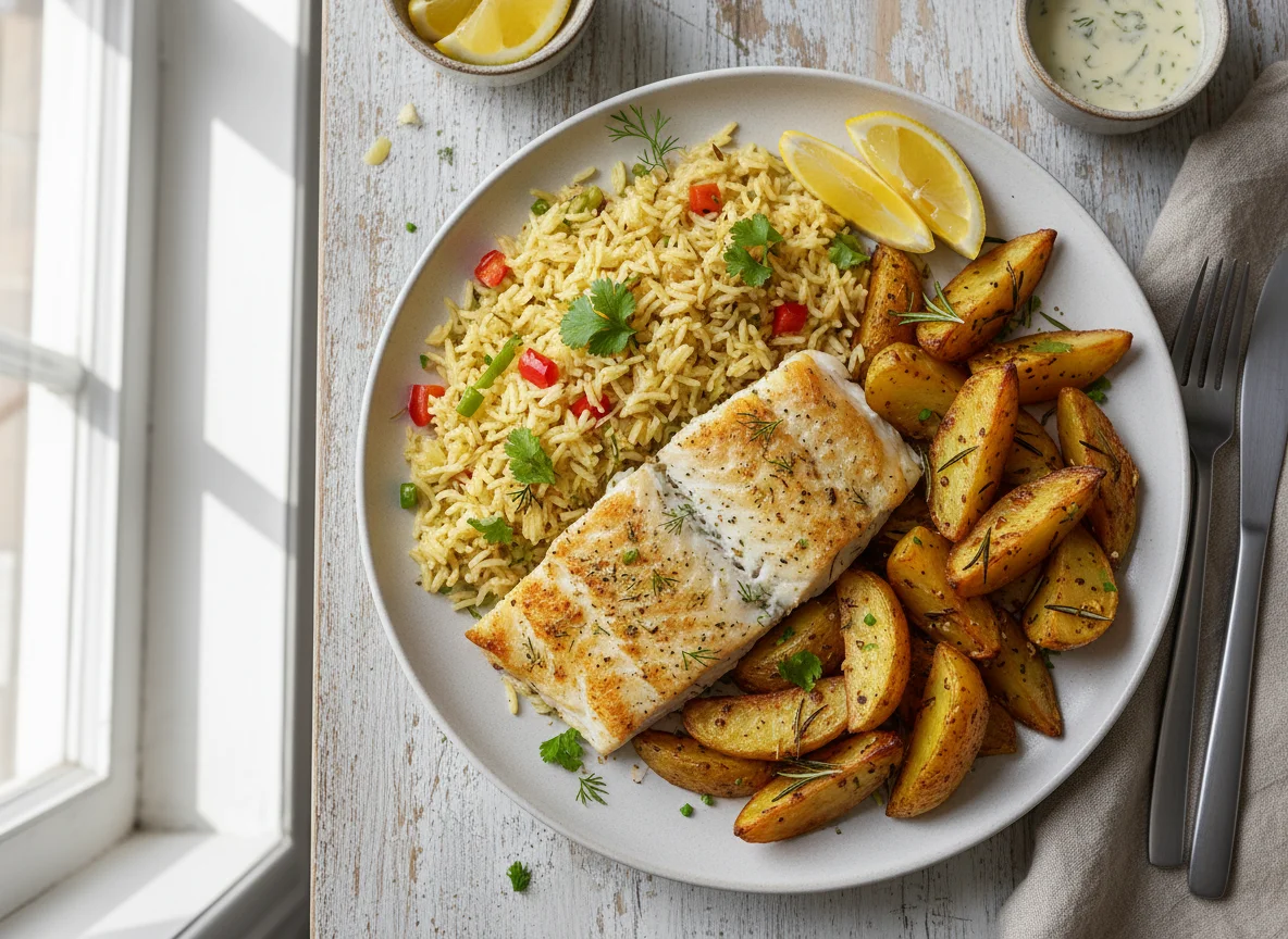 Baked Fish with Rice and Potatoes photo