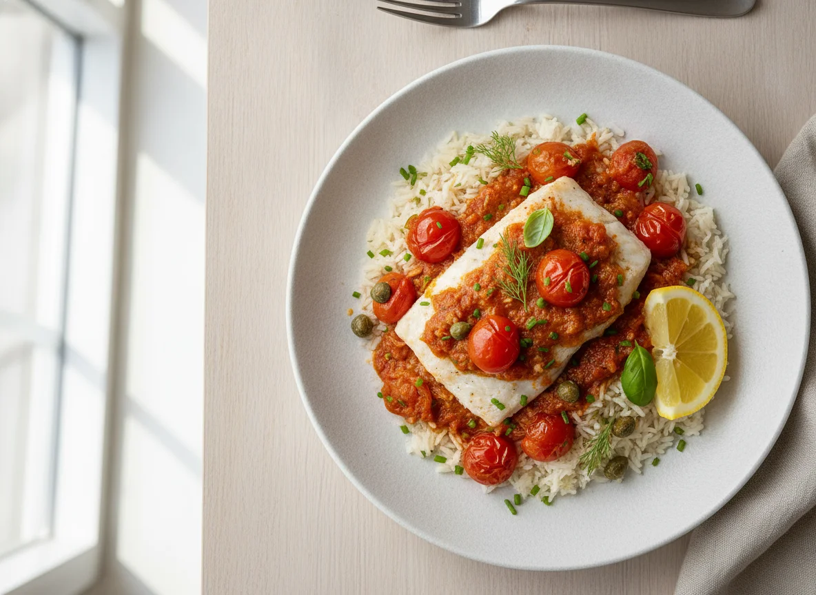 Baked Fish with Rice and Tomato Sauce photo