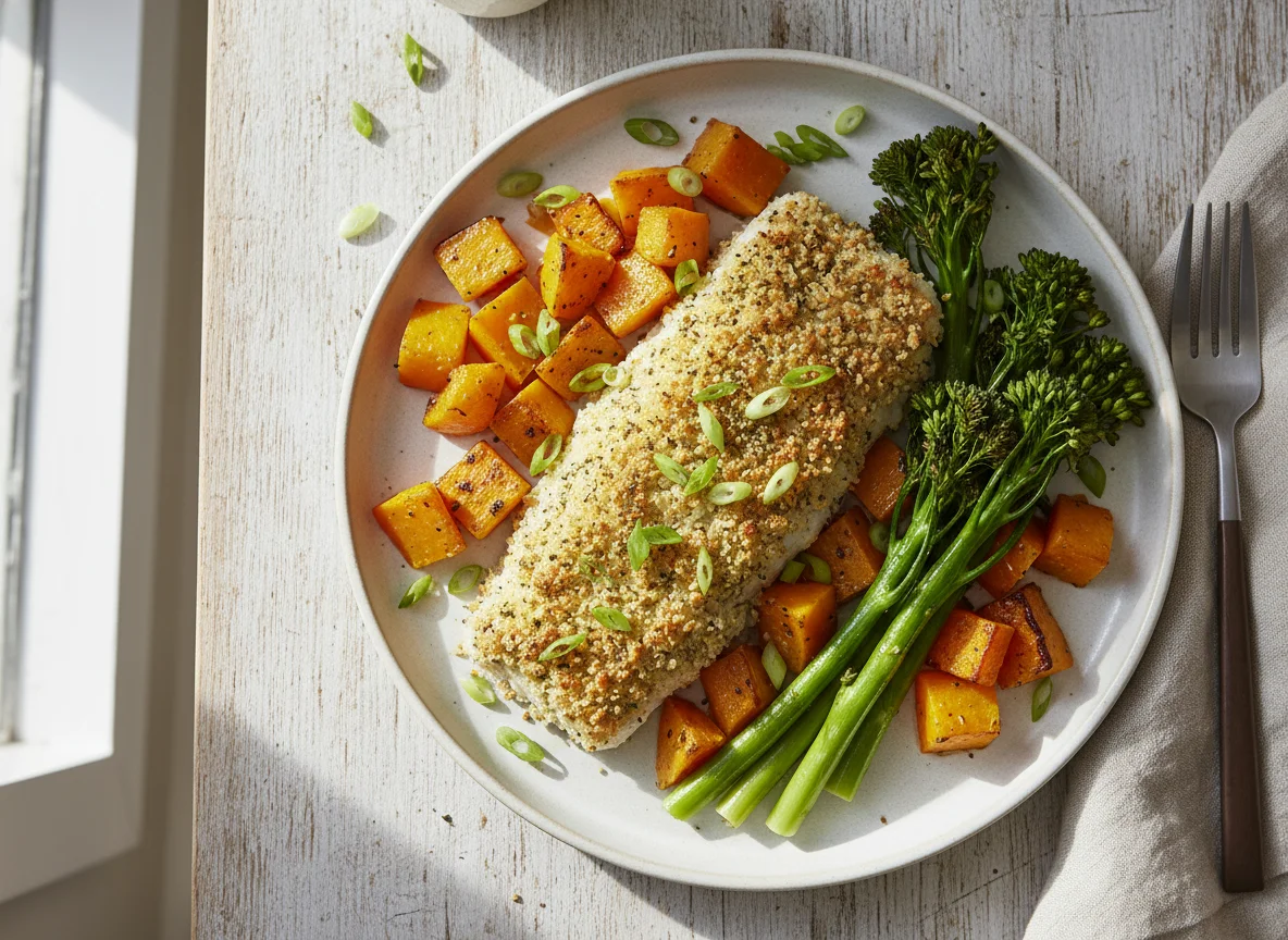 Baked Fish with Roasted Squash and Broccolini photo
