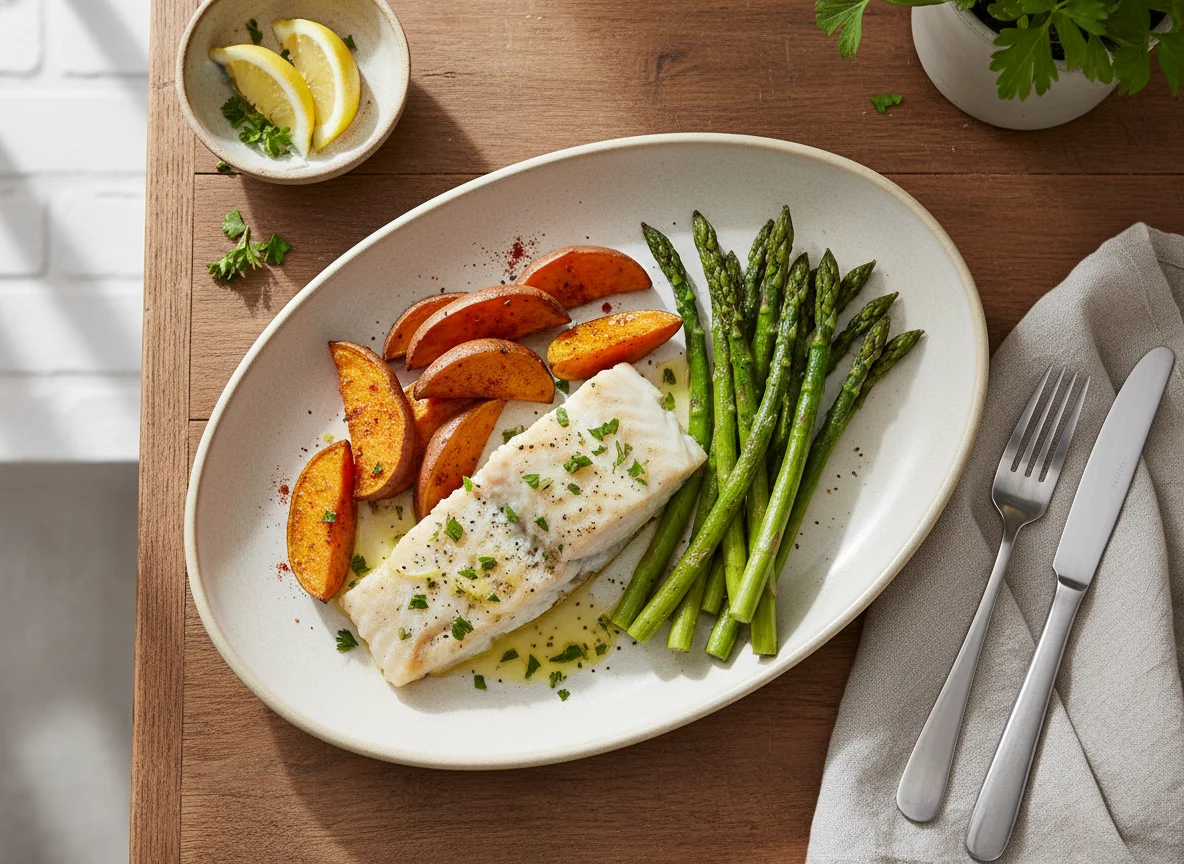 Baked Fish with Roasted Sweet Potatoes and Asparagus photo