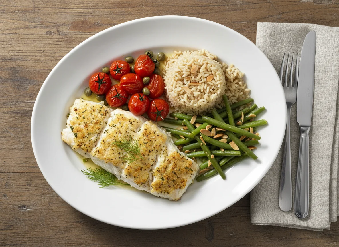 Baked Fish with Roasted Tomatoes, Brown Rice, and Green Beans photo