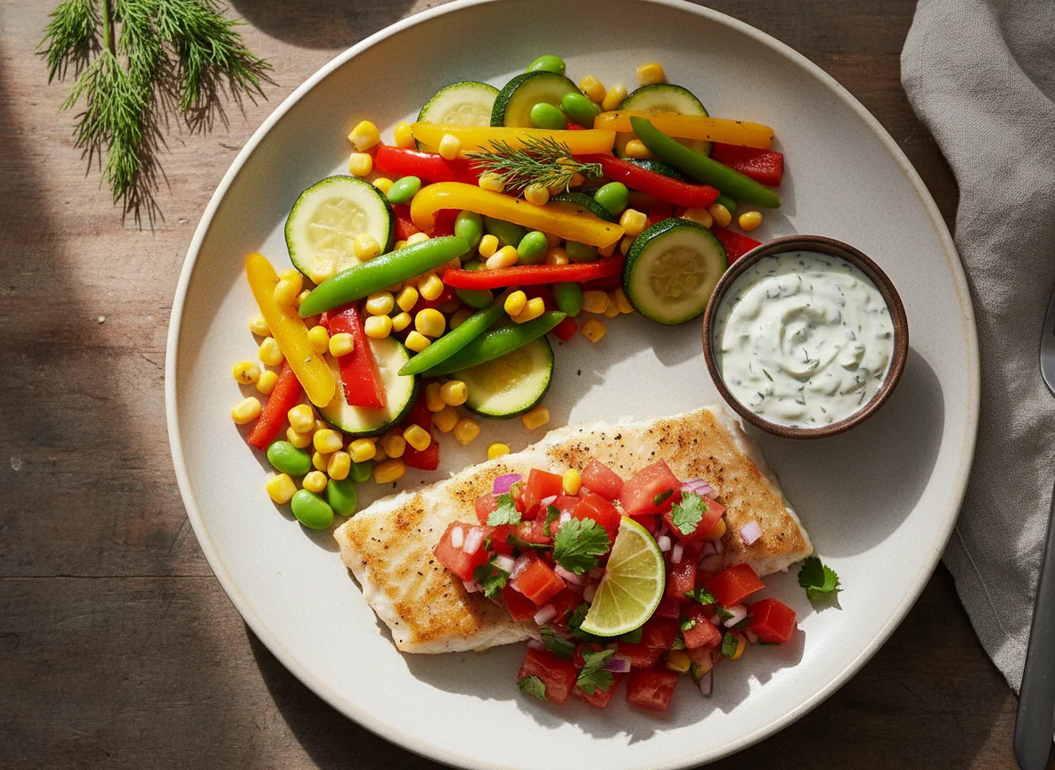 Baked Fish with Salsa and Mixed Vegetables photo