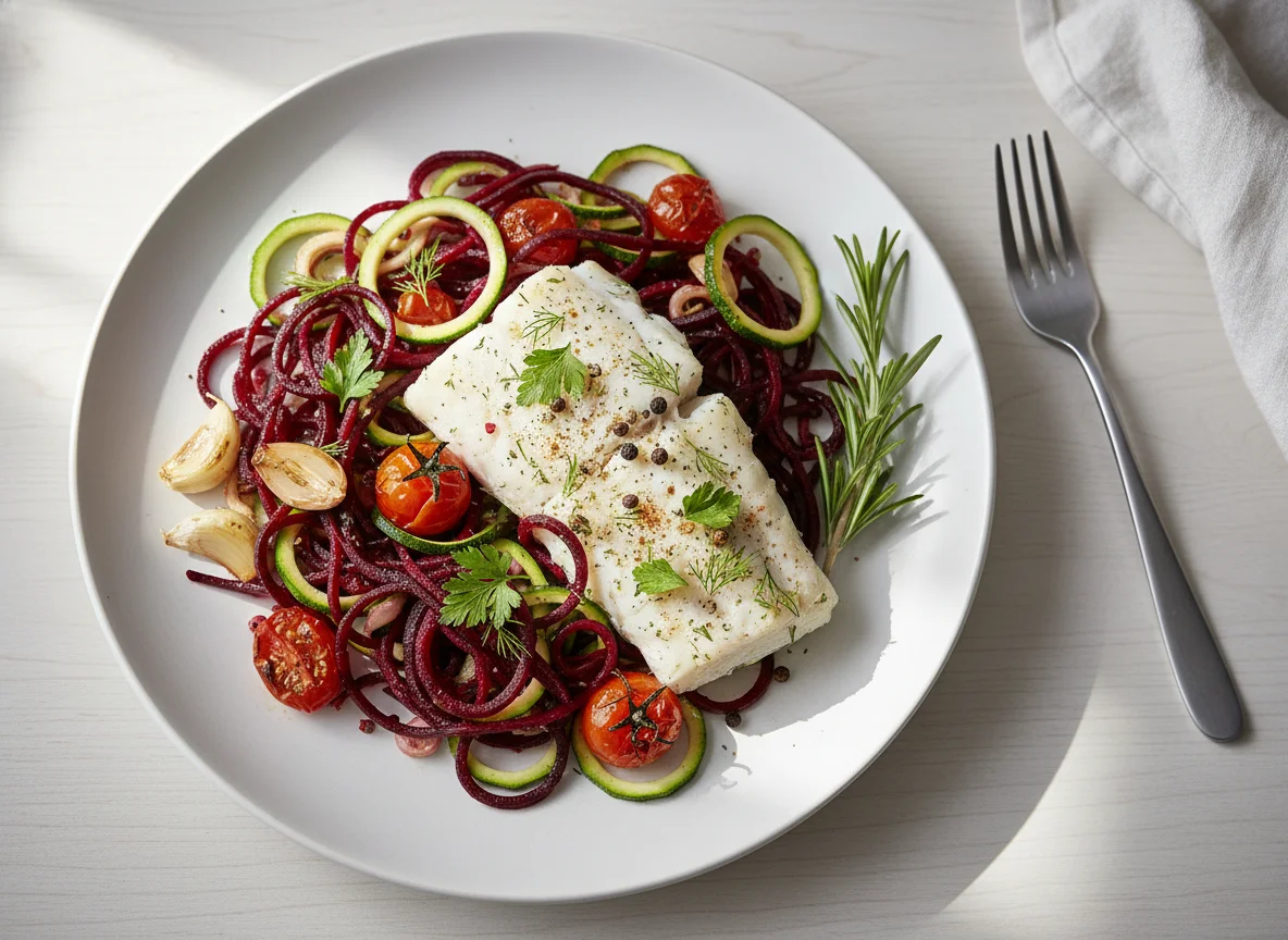 Baked Fish with Spiralized Vegetables photo