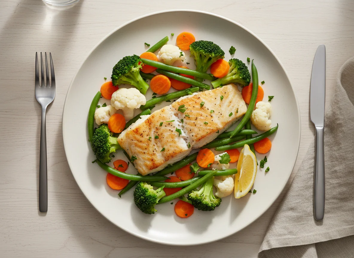 Baked Fish with Steamed Vegetables photo