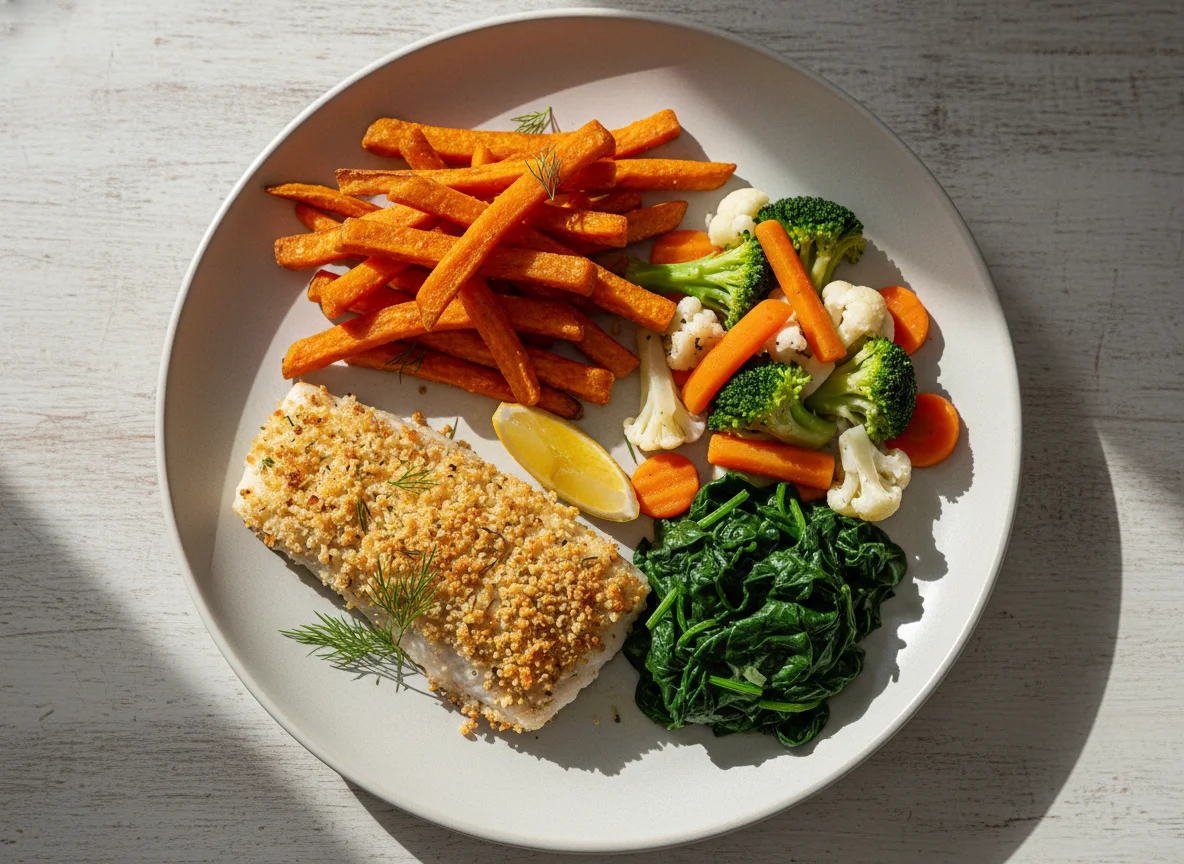 Baked Fish with Sweet Potato Fries and Vegetables photo