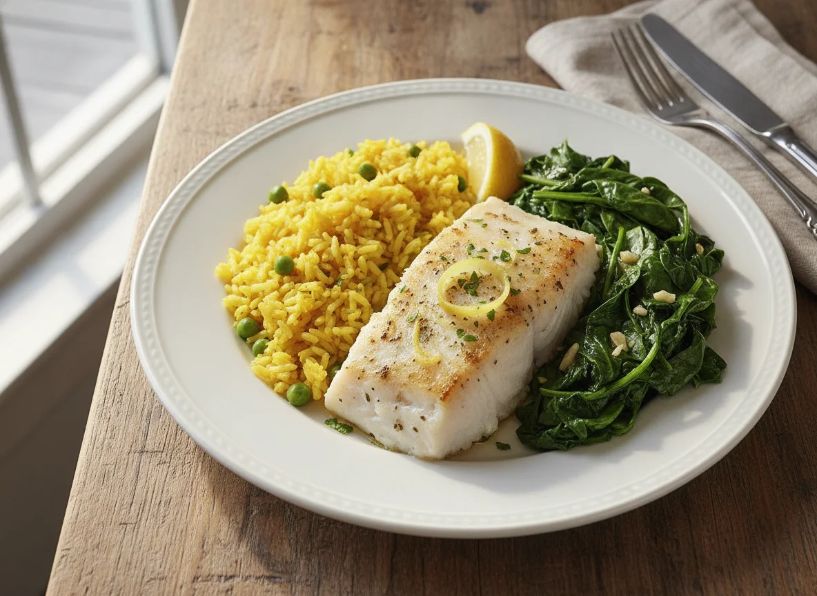 Baked Fish with Yellow Rice and Sautéed Spinach photo