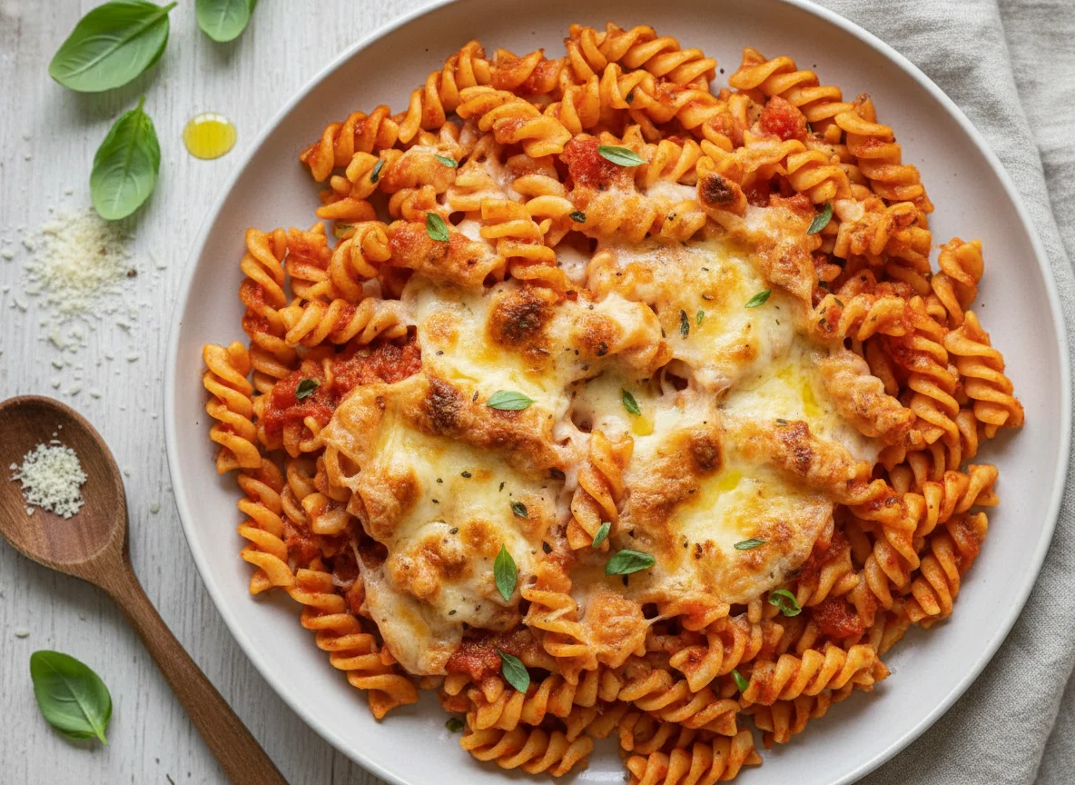 Baked Fusilli Pasta with Tomato Sauce and Cheese photo