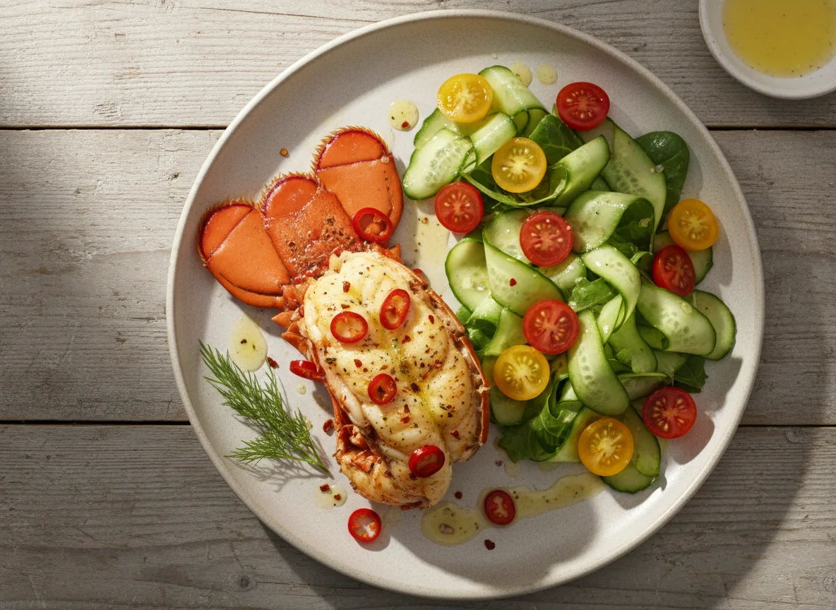 Baked Lobster Tail with Cucumber and Tomato Salad photo