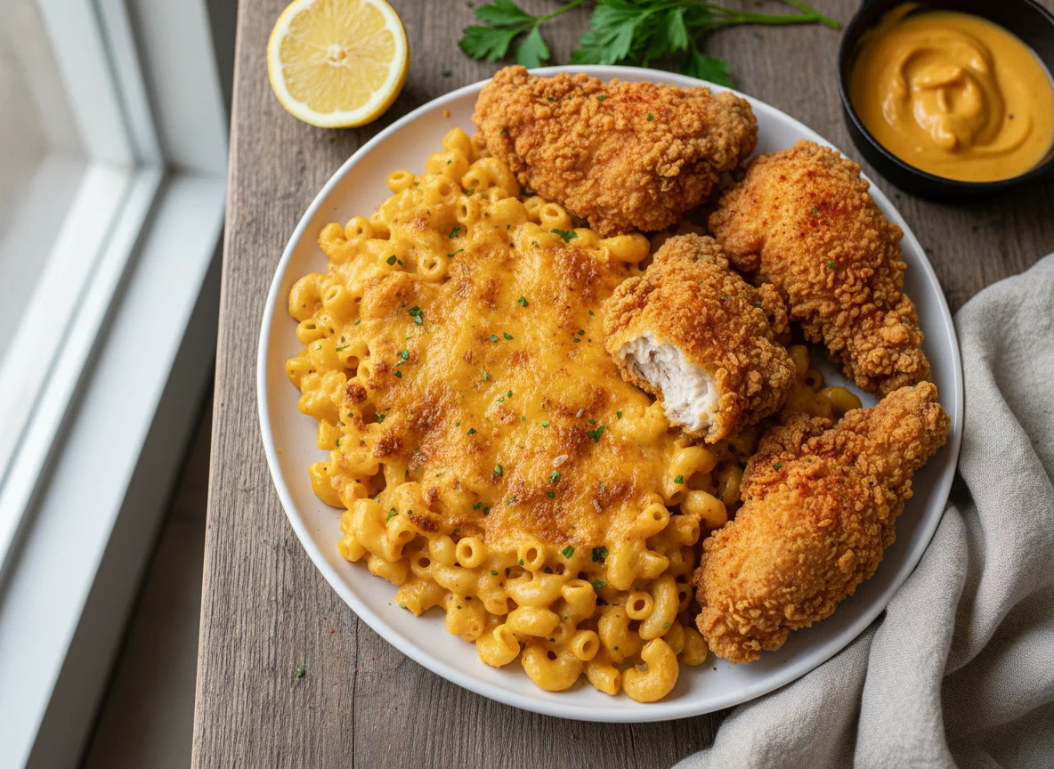 Baked Macaroni and Cheese with Fried Chicken photo