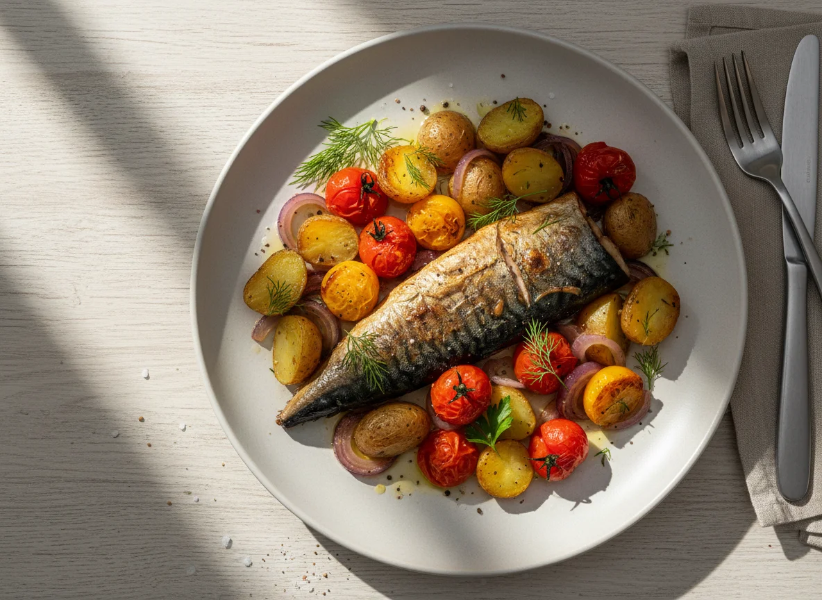 Baked Mackerel with Potatoes and Cherry Tomatoes photo