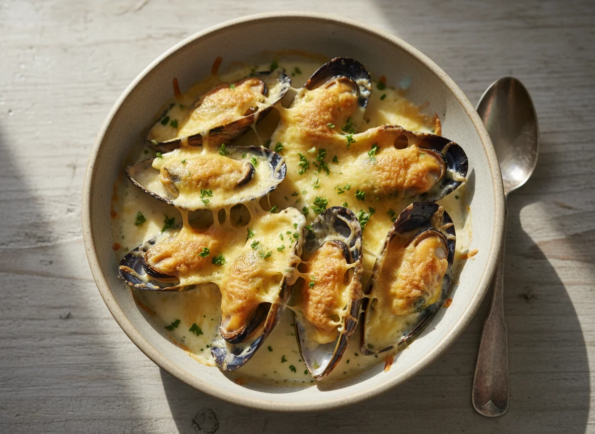 Baked Mussels with Cream Sauce and Cheese photo