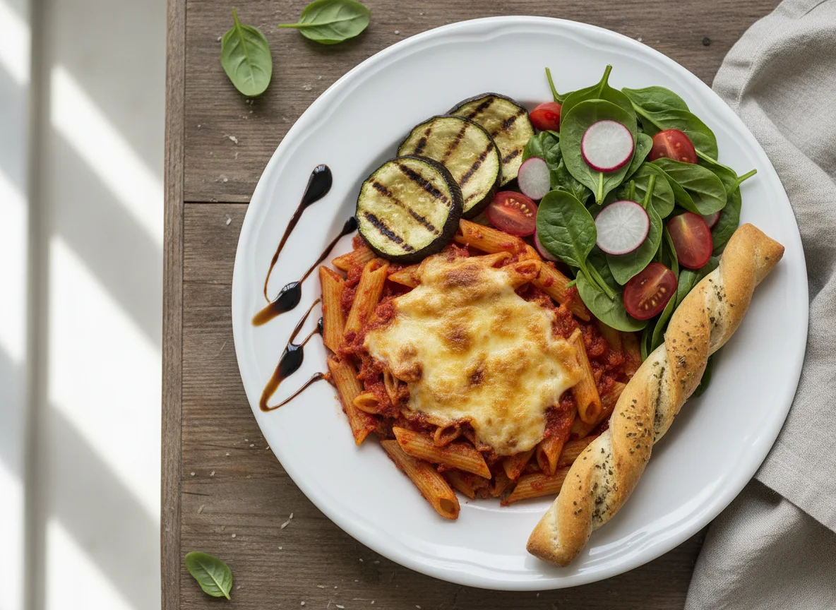 Baked Pasta with Vegetables and Breadstick photo