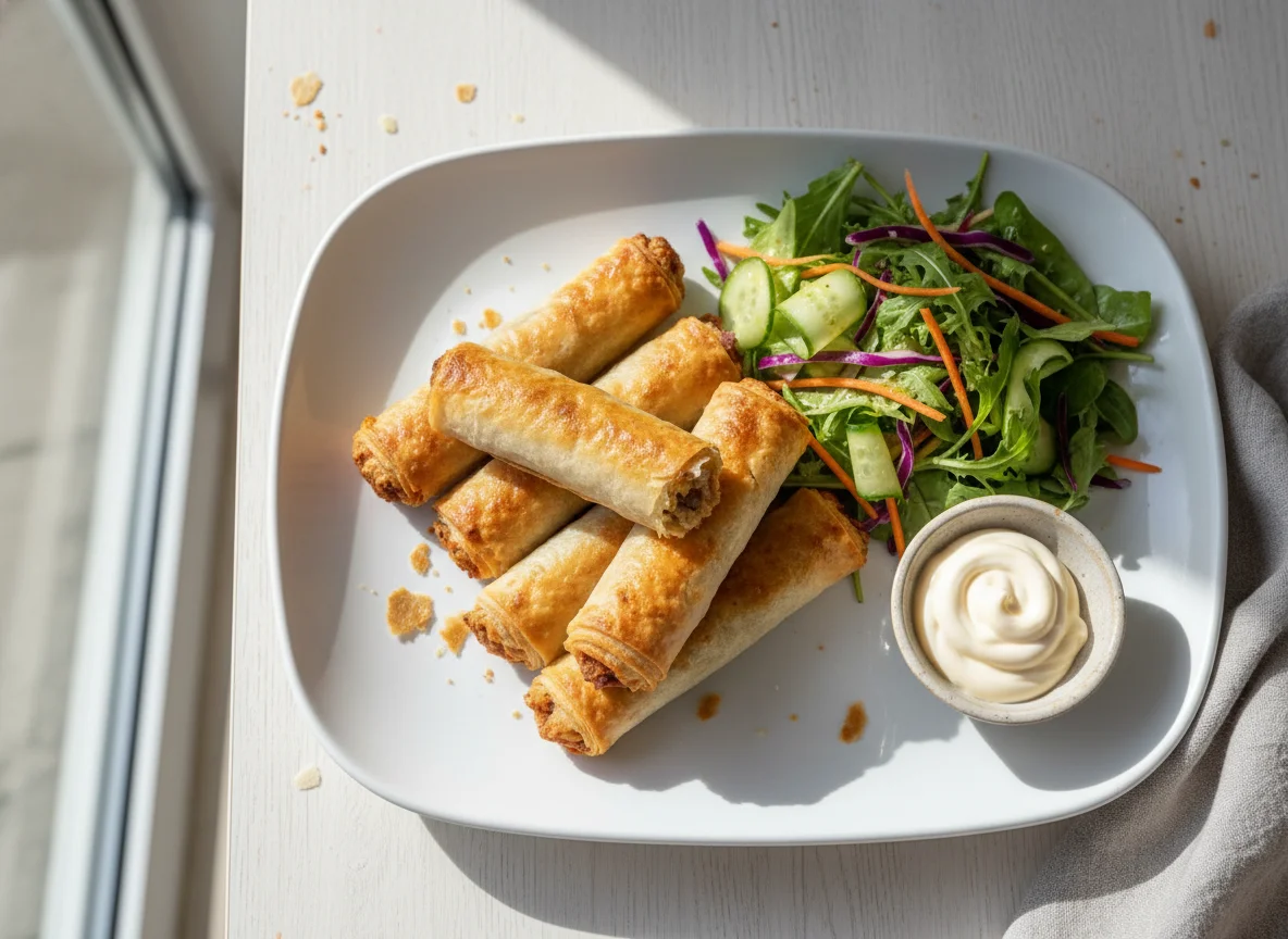 Baked Pastry Rolls with Salad and Mayo photo
