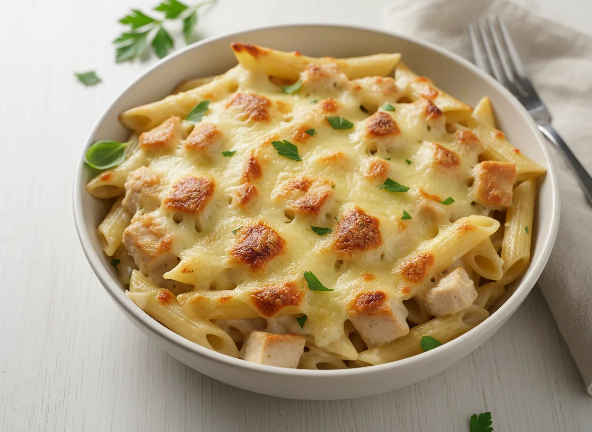 Baked Penne Pasta with Cream Sauce and Chicken photo