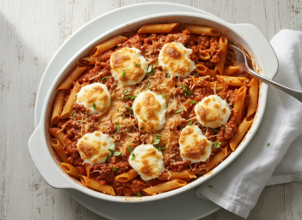 Baked Penne with Meat Sauce and Cheese photo