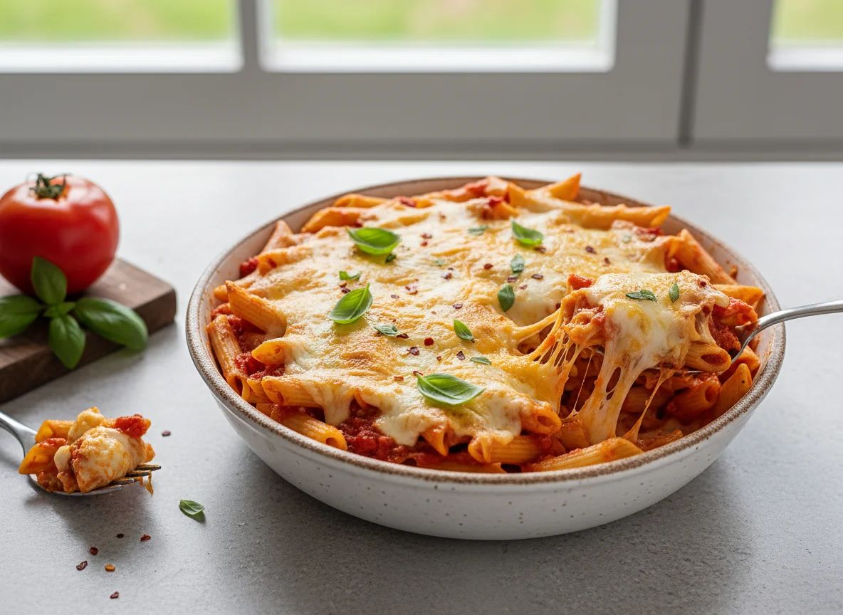 Baked Penne with Tomato Sauce and Cheese photo