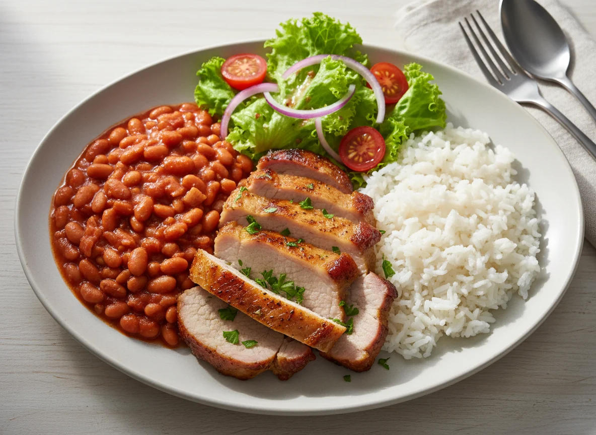 Baked Pork with Rice, Beans and Salad photo