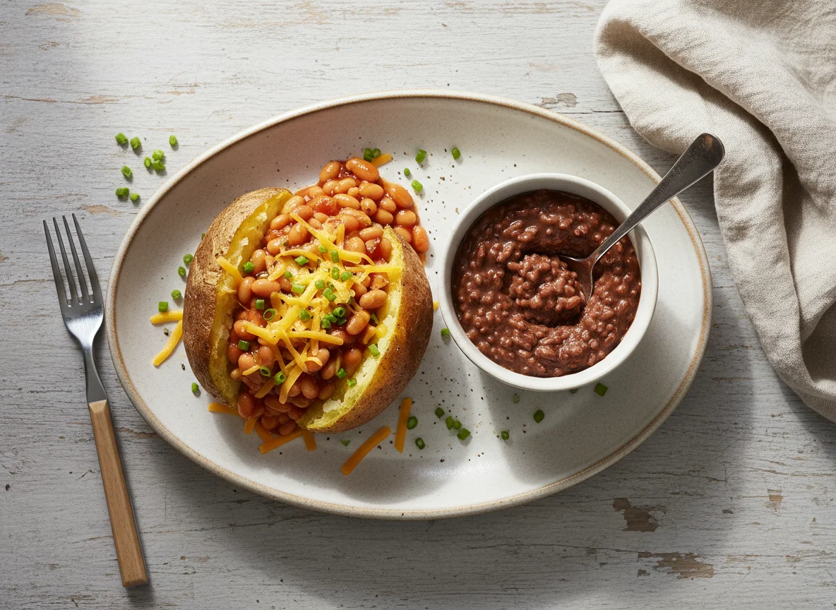 Baked Potato with Beans and Cheese, and Chocolate Protein Rice photo