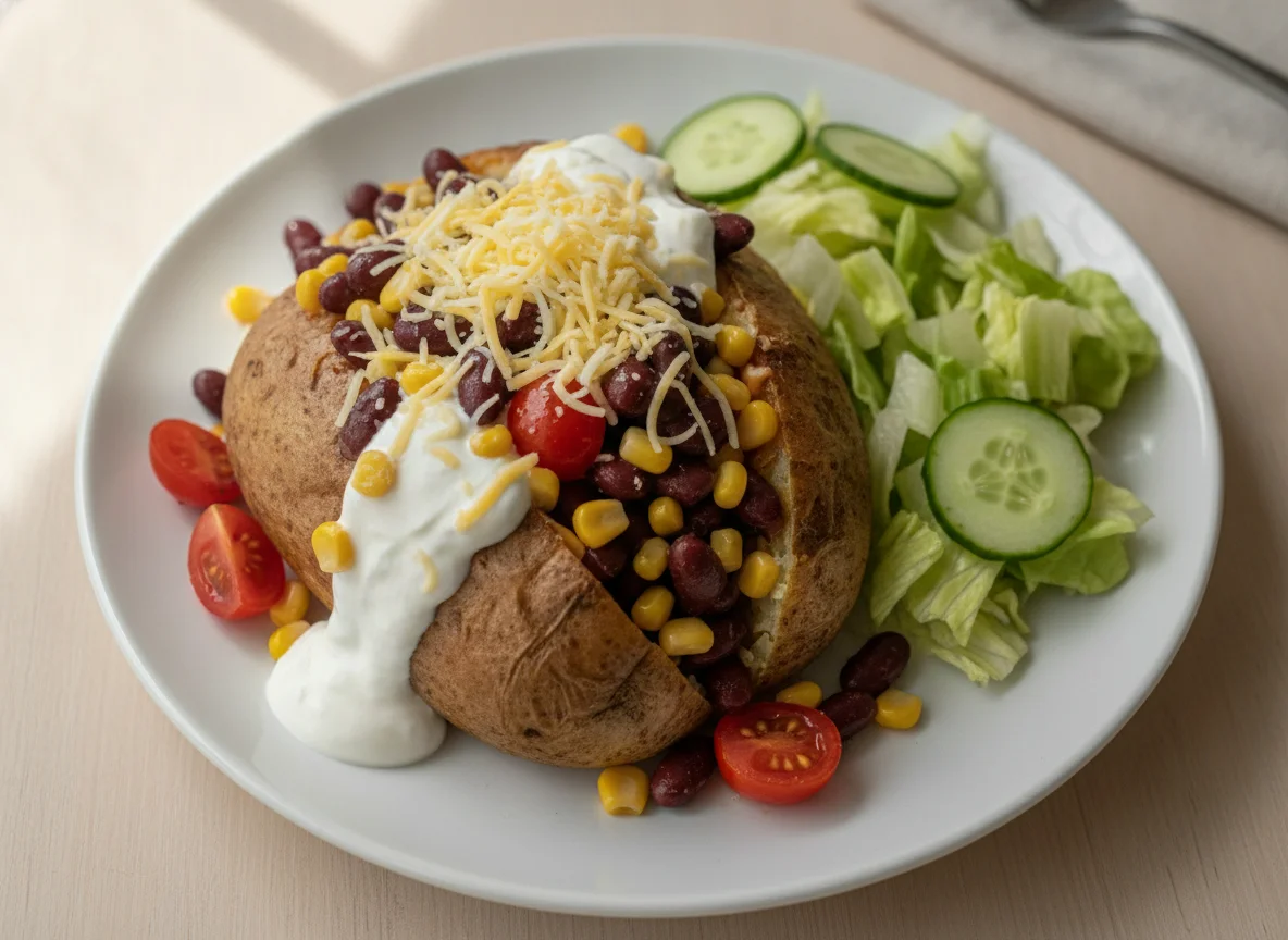 Baked potato with beans, corn, and salad photo