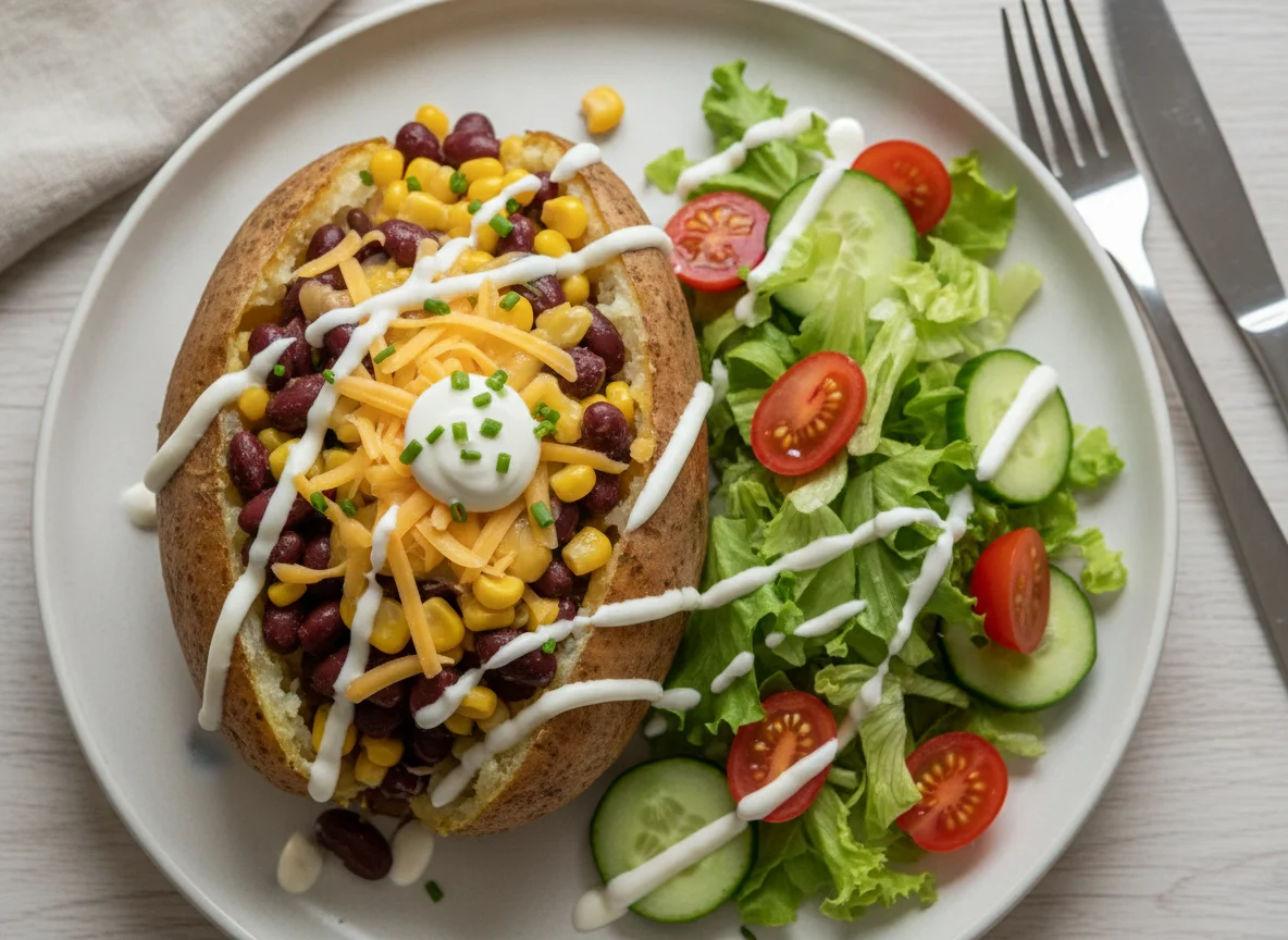 Baked potato with beans, corn, cheese, salad and skyr sauce photo