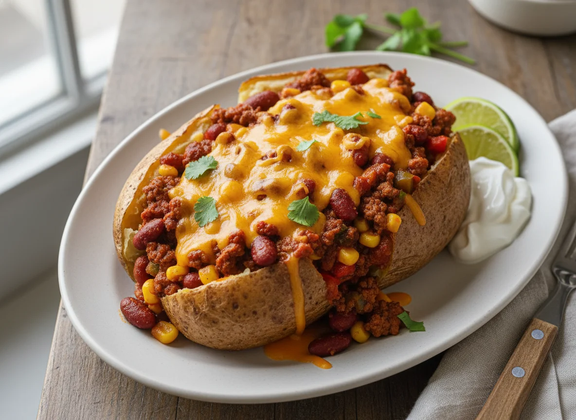 Baked Potato with Chilli Con Carne and Cheese photo
