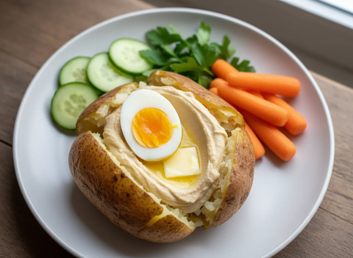 Baked Potato with Egg, Hummus and Salad photo