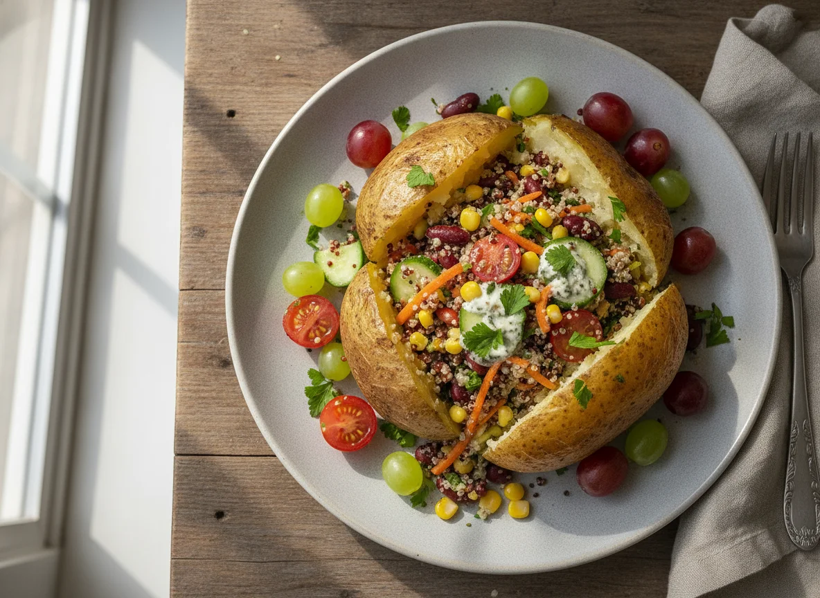 Baked potato with quinoa salad and grapes photo