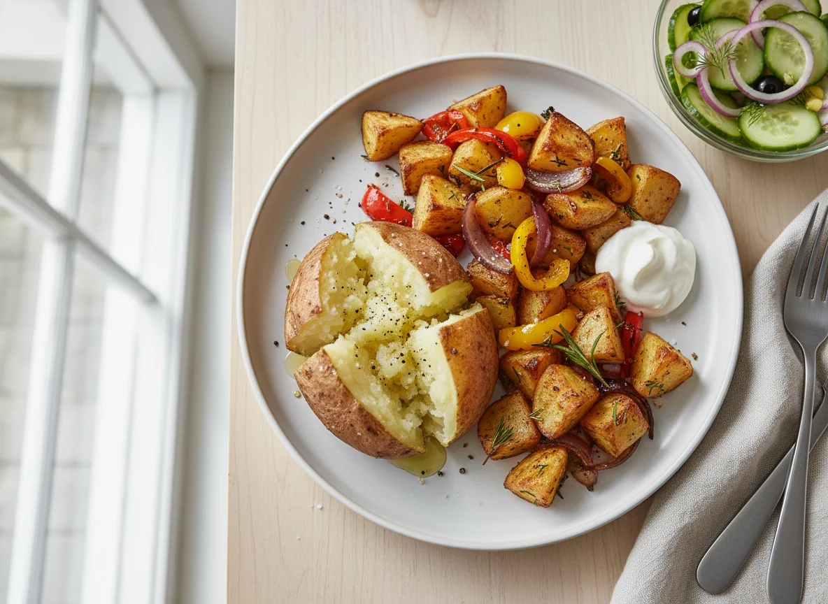 Baked Potato with Roasted Potatoes and Cucumber Salad photo
