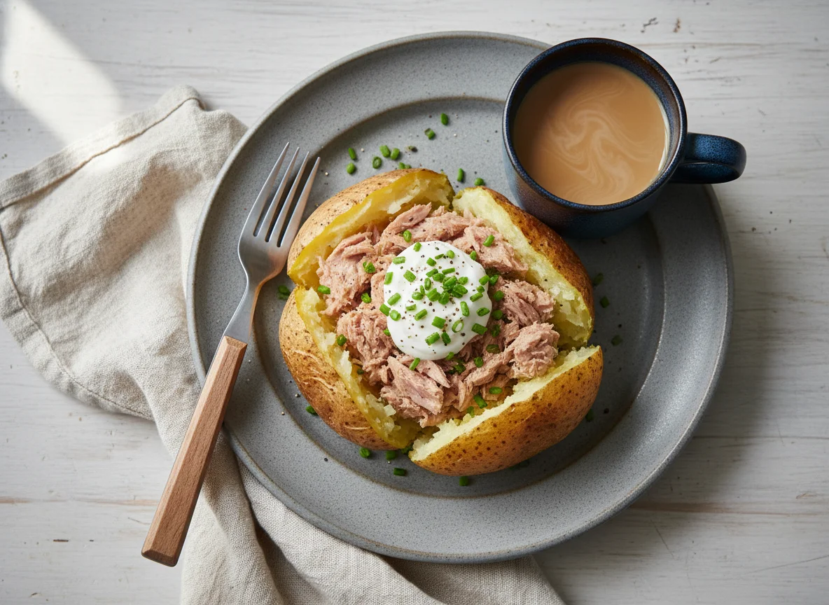 Baked Potato with Tuna and Coffee photo
