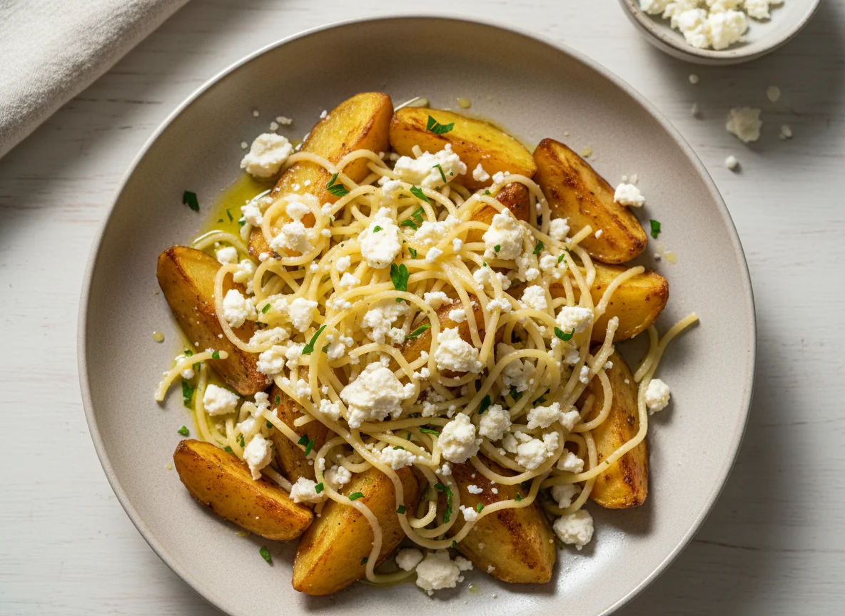 Baked Potatoes and Pasta with Cheese photo
