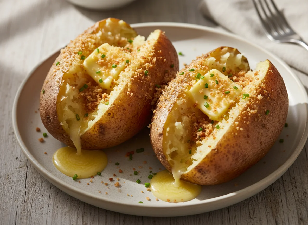 Baked Potatoes with Butter and Crumbs photo